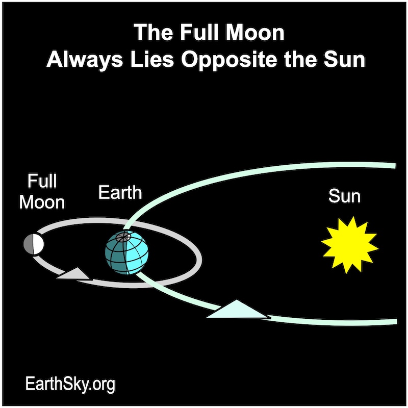 4개의 보름 슈퍼문: 달, 지구, 태양이 일직선상에 있고 지구와 달의 궤도가 표시된 도표.