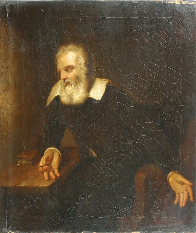 Galileo: Man with big white beard, looking to the side with hands out.