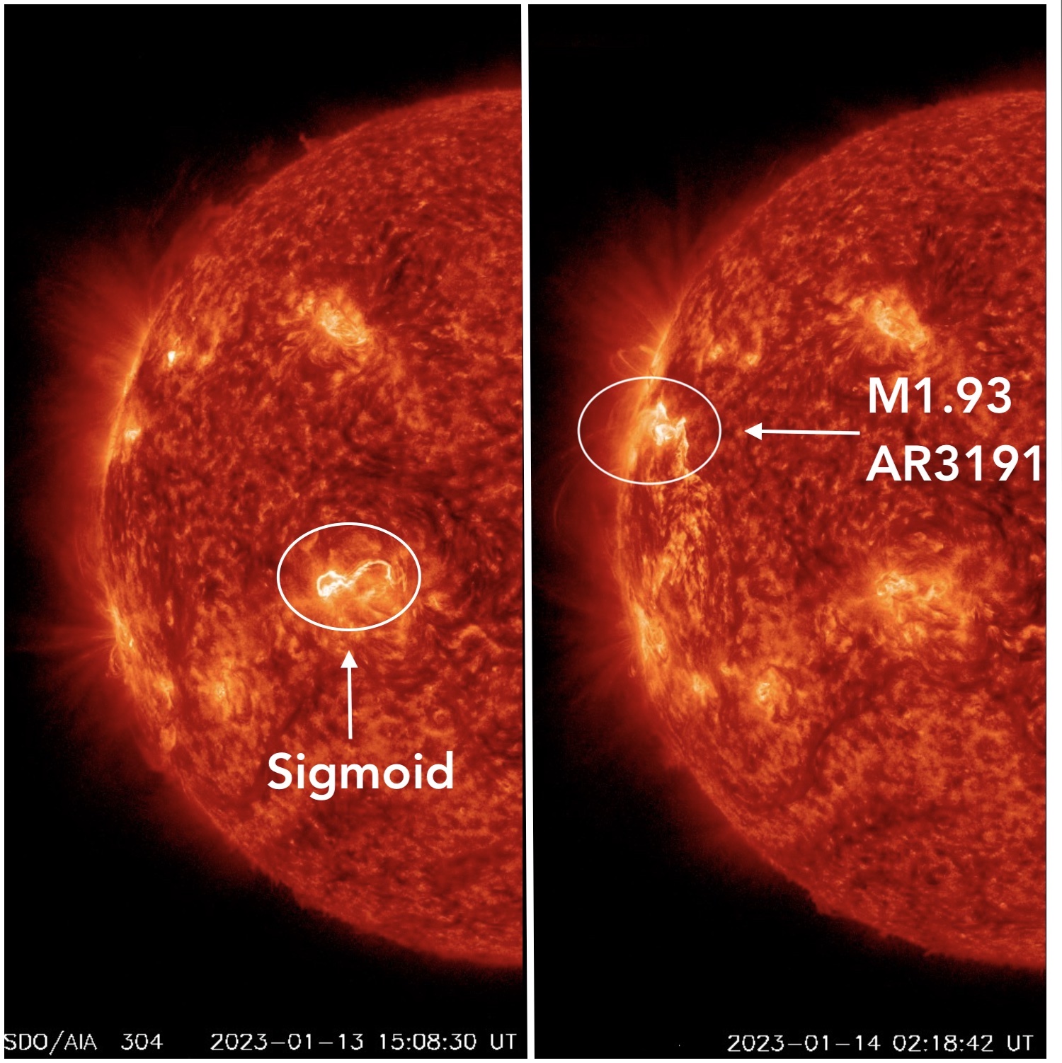 January 14, 2023 Sun activity shows a sigmoid and a M1.3 flare.