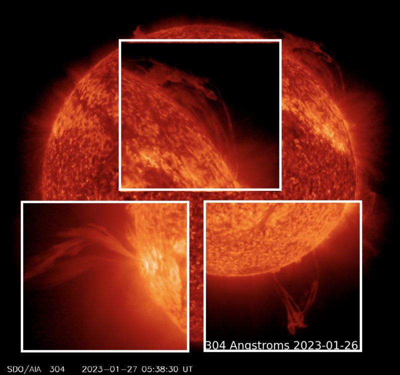 January 27, 2023 Sun activity shows prominences all around.
