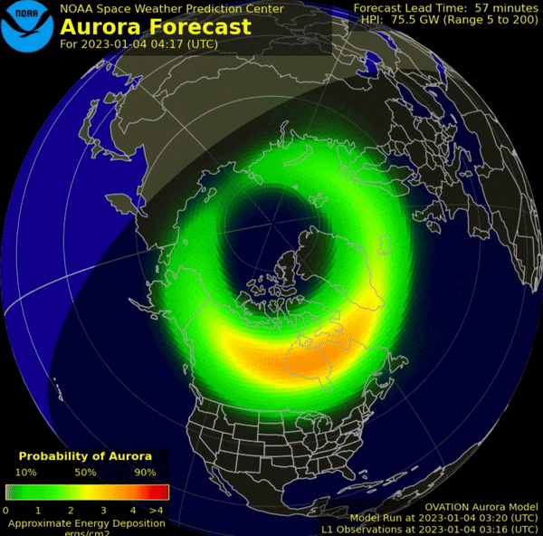 Aurora forecast shown over northern US.