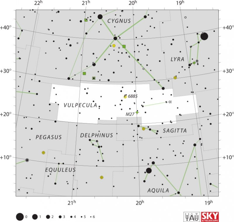 White star chart with black dots denoting the shape of Vulpecula.