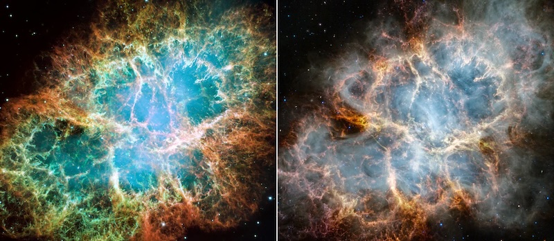Two nebula images, one noticeably brighter and more detailed and greener in color.