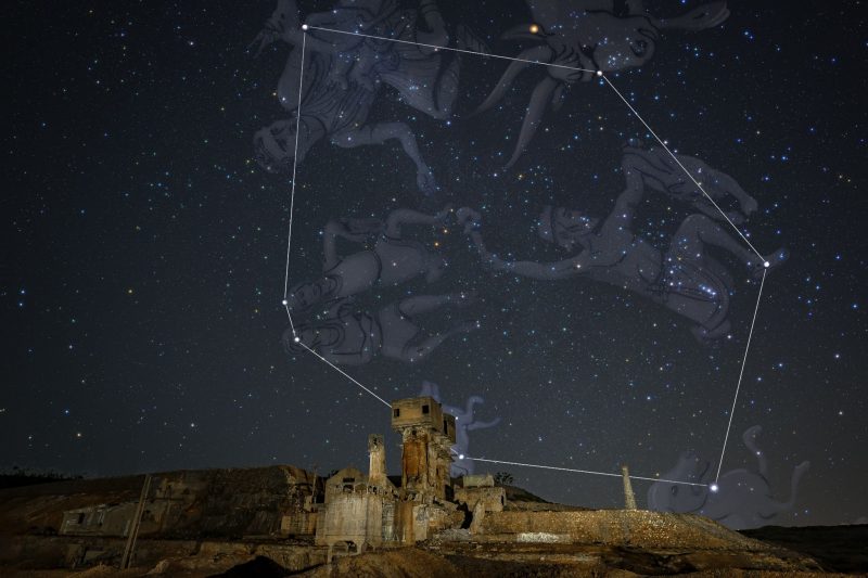 Night sky scene with heptagon and figures of 6 constellations superimposed over top stars.