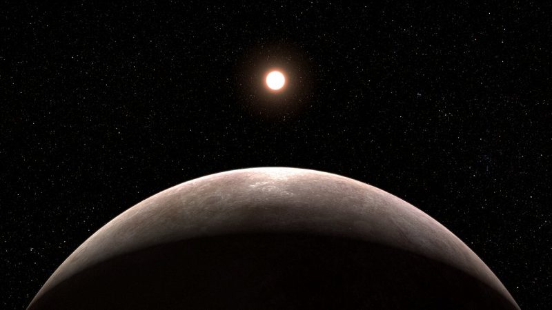 Webb discovers its 1st exoplanet: Illustration of a planet and its star on a black background. The rocky planet is large, foreground, in the center. And the star is smaller, in the background.