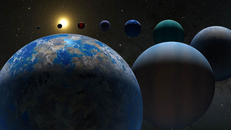 Help NASA study exoplanets: 10 planets in a long, looping line with bright star in background.