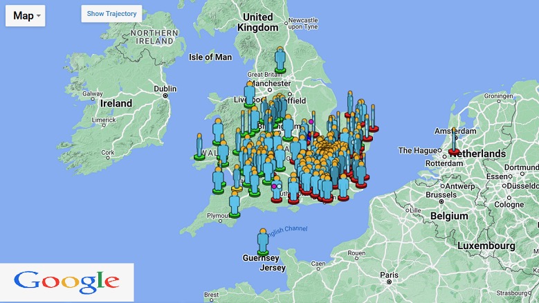 Map of fireball event, showing locations of observers in the UK and western Europe.