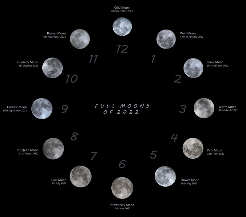 12 full moon imeges, arranged in a "clock."