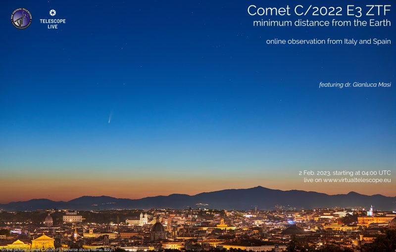 Deep blue sunset sky with a small comet visible above lit up city, and poster text.