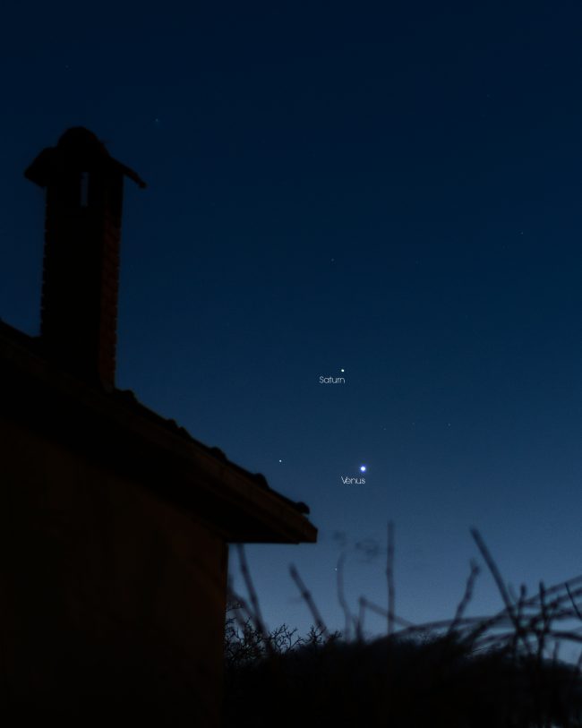 A bright planet labeled Venus and a fainter one labeled Saturn in deep blue sky, above a house.