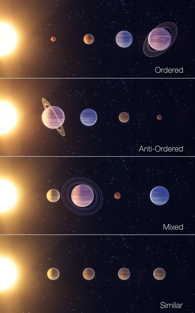 Four stacked rows with sun at left and lines of planets in different size order, with labels.