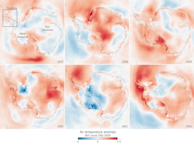 Six satellite maps of temperatures from 2017 to 2022 over the Antarctic Peninsula.