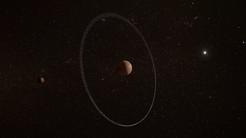 Dwarf planet Quaoar: Crescent-lit dwarf planet with very thin ring and small moon plus tiny distant sun.