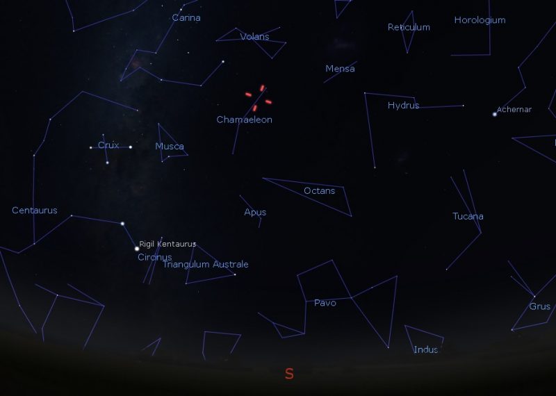 Asteroid will pass Earth: Dark sky with many constellations and a red mark in Chamaeleon.
