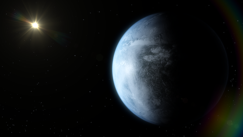 Earth-like planet with ocean and clouds with red star in background.