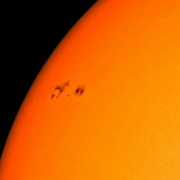 February 23, 2023, sun activity: Animation showing many black dots on an orange surface.