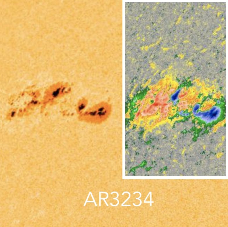 February 23, 2023, sun activity: Two images show active region AR3234. The left one is yellow with black dots. The right one shows red, orange, yellow, green and blue areas.