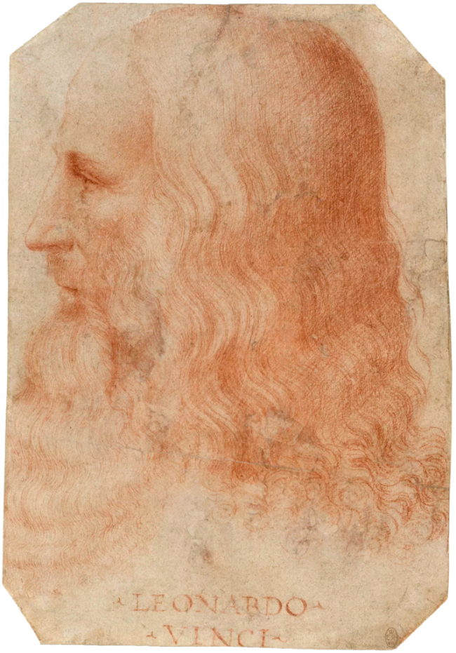 Leonardo da Vinci: Antique drawing in red chalk of a man's profile with a long beard, long wavy hair and receding hairline.