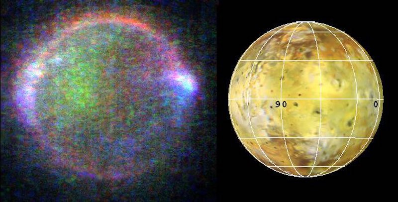 Fuzzy multicolored sphere on left and photo of moon with lines of latitude and longitude added.