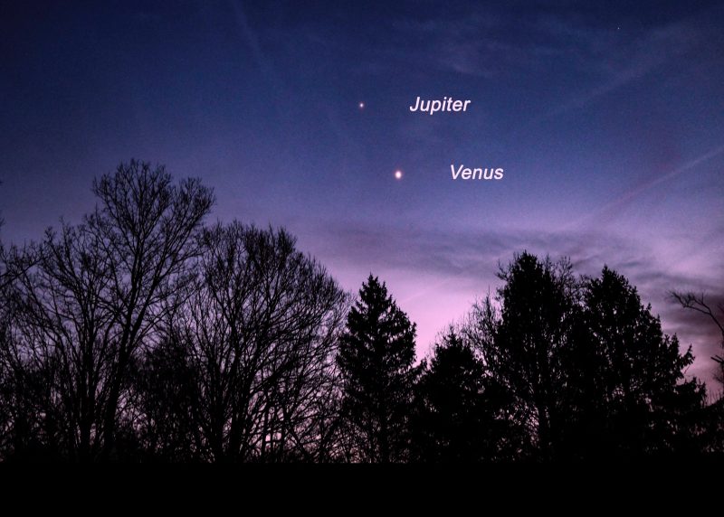 Purplish sky with 2 bright lights labeled Jupiter and Venus.