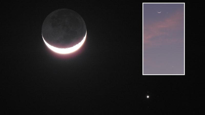 Crescent moon with bright Jupiter below it and tiny dots for its moons. Inset of crescent moon in lavender sky.
