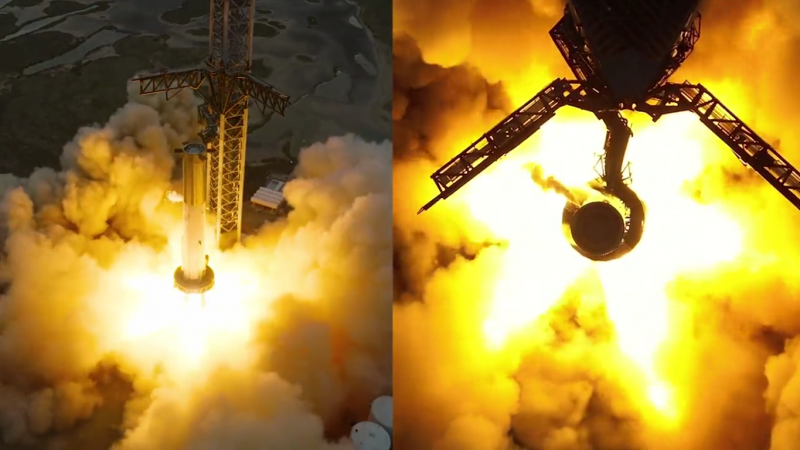 spacex starship steel rocket surrounded by fire two views