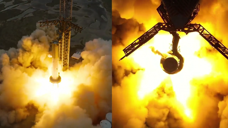 Spacex Starship rocket with fire blasting out of base, two views, from above and from the side.