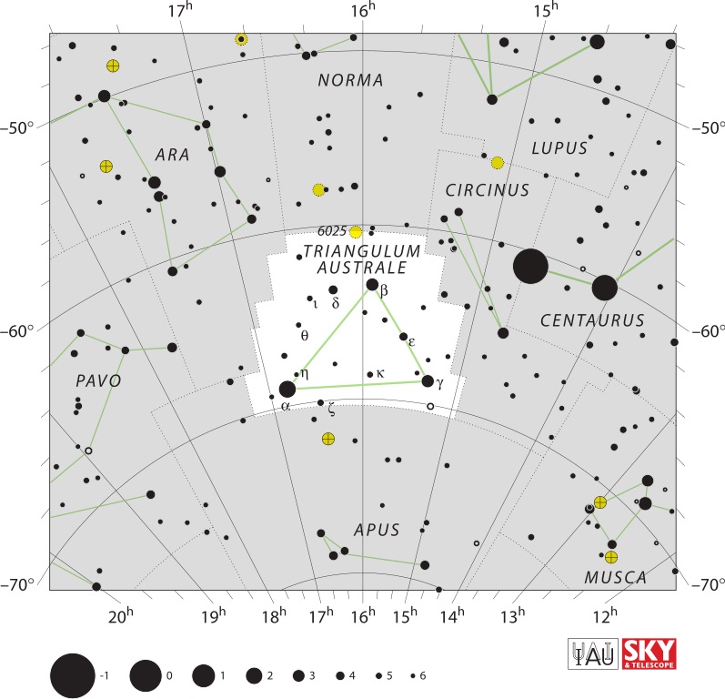 White star chart with black dots showing star locations for Triangulum Australe.