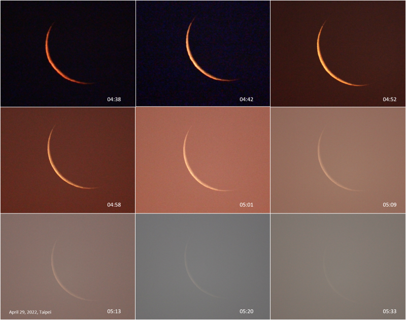 Waning crescent: Nine views of thinner and thinner moon against a dark-to-pink sky.