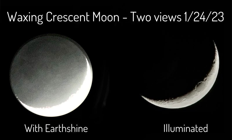 Two crescent moons, 1 with earthshine and 1 illuminated. The one that is illuminated shows more details.