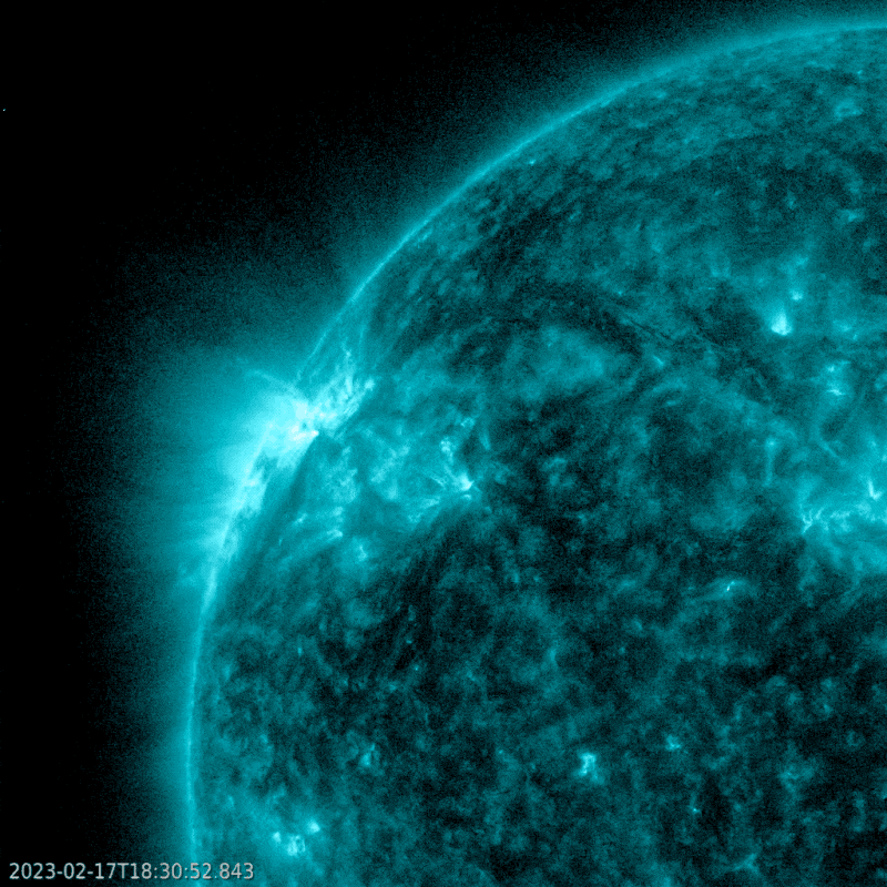 X-class flares: Part of the sun, shown in blue, with an animated bright flash on the upper edge.