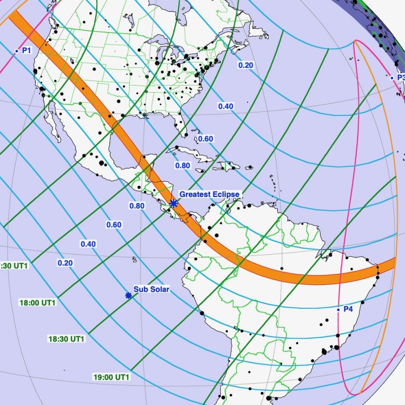 Map of western hemisphere showing path of annular eclipse in orange looping line.