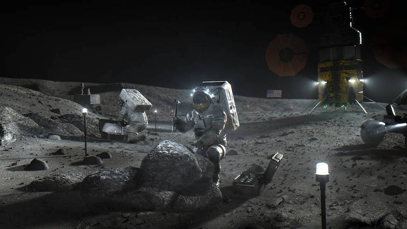 Astronaut using a hammer on a rock on the moon with landed spacecraft in the background.