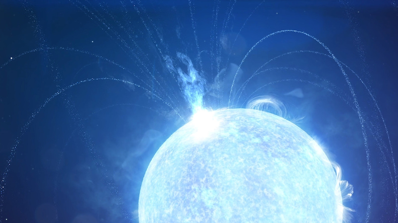 Magnetar slowed down: Bright white sphere with violent plume of material and magnetic lines shown.