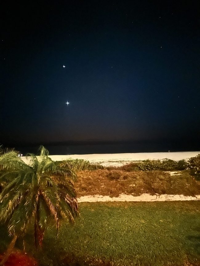 Uma cena de praia repleta de areia e palmito, com Vênus e Júpiter muito brilhantes no céu escuro.