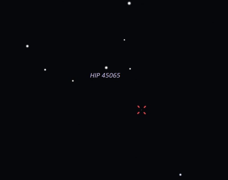 Star chart with one star labeled and red hashmarks for asteroid.