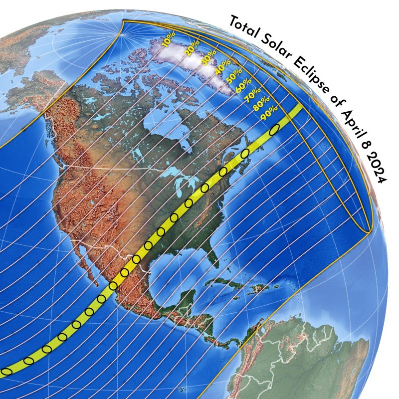 Map showing section of the globe over the U.S. and lines showing the percent of the sun that will be hidden by the moon.