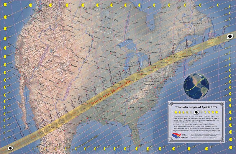 Map of North America and path of eclipse with duration times embedded in the path.