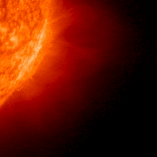 April 1, 2023, sun activity: Big flare coming out of the right side of an orange sphere.