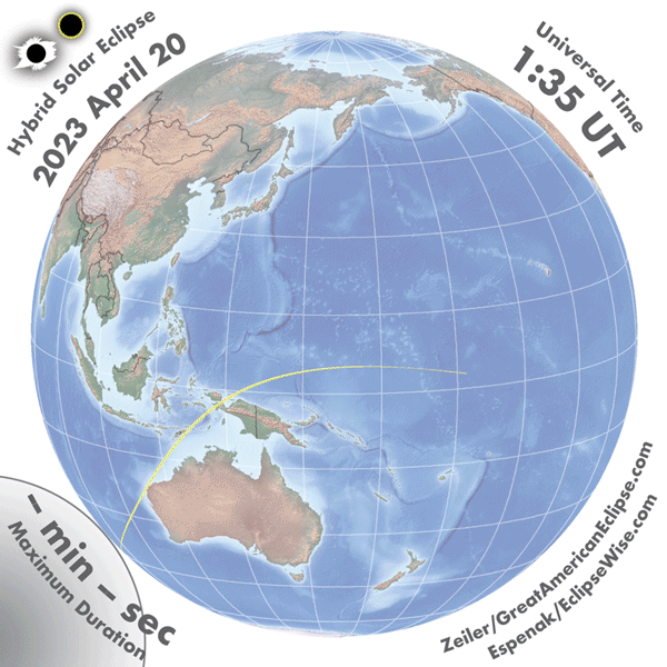 Hybrid solar eclipse: Animation of Earth globe with black dot in large gray circle moving along a yellow line near Australia.