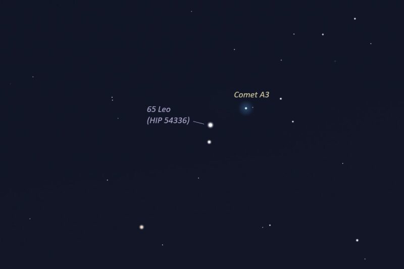 Star chart showing the location of the comet near a couple stars to the left.