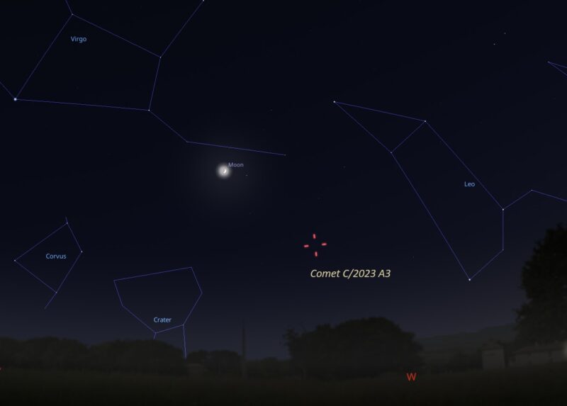 Star chart showing a glowing moon, red hashmarks to the lower right and the constellation Leo.