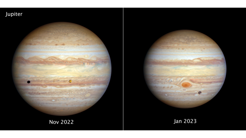 Side by side images of Jupiter, with wave-like bands in left image and bulging bands on right.