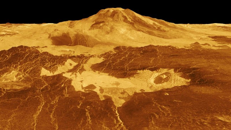 Computer-generated 3D image of a orange volcanic mountain.