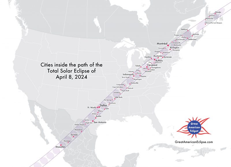 Map of U.S. showing path of total eclipse and names of cities inside the path.