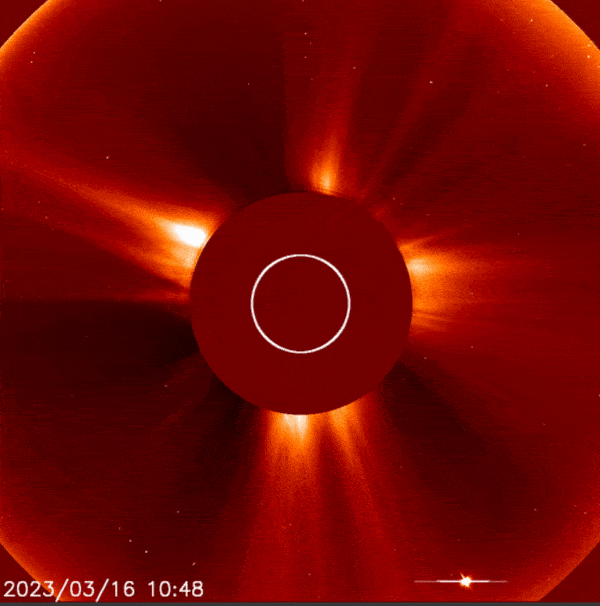 March 17, 2023: LASCO C2 shows a brilliant dot moving close to the sun.
