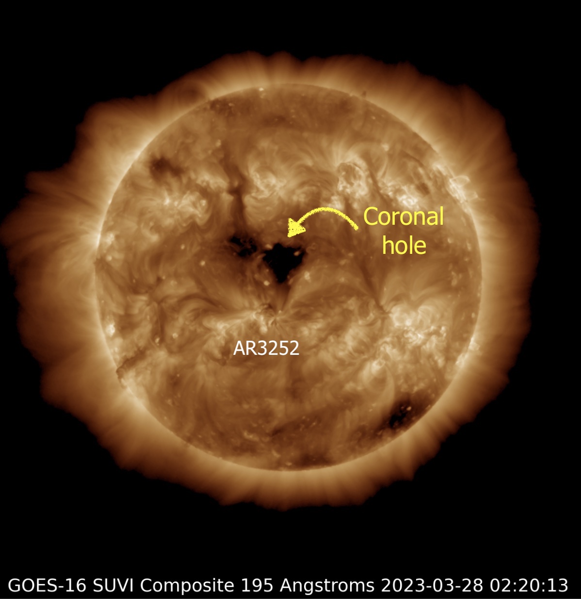 March 28, 2023 sun activity showing a coronal hole close to an sunspot region.