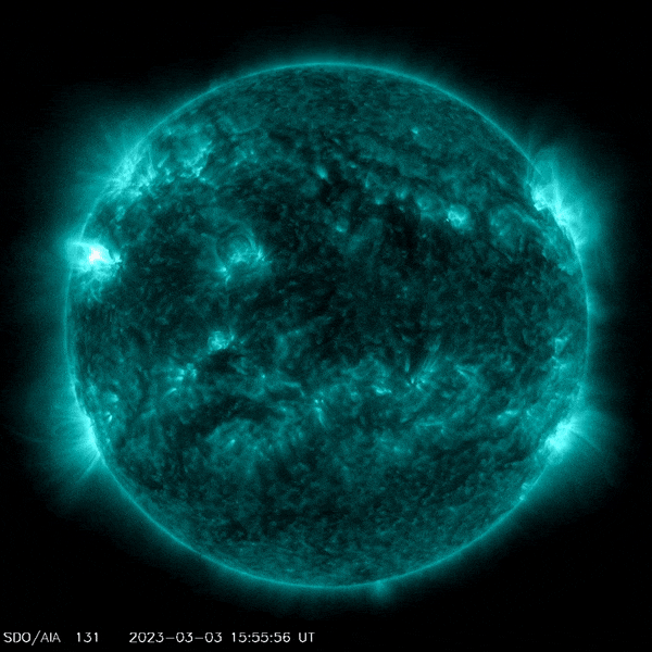 March 3, 2023 Sun activity shows an X2.1 flare on the northwest limb (edge).