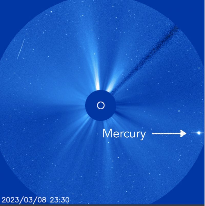 March 8, 2023: Blue starry background and sun viewed through a filter. Mercury, a bright dot, is close to the sun.