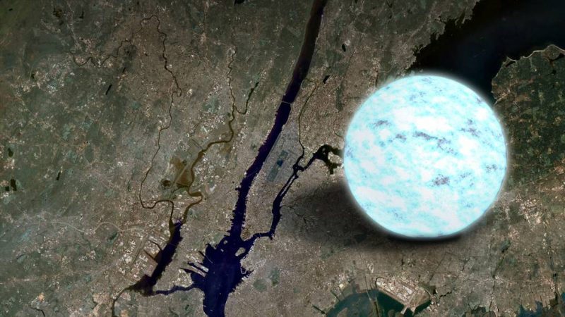 Glowing aqua sphere imposed over satellite view of Manhattan.